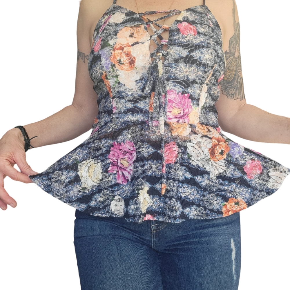 Venus Multi Floral Ruffled Camisole With Tie & Spaghetti Straps Size M